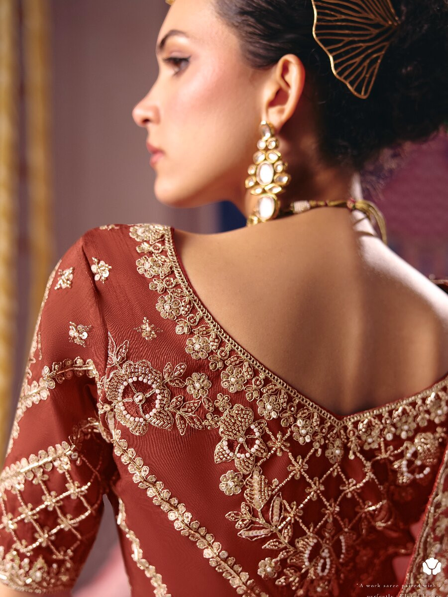 Marron Tissue Silk Embroidery Sequins Zari Wedding Party Festival Casual Heavy Border Sarees