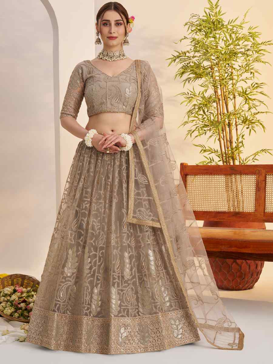 Matelic Gray Net Embroidered Wedding Reception Festival Heavy Border Lehenga Choli