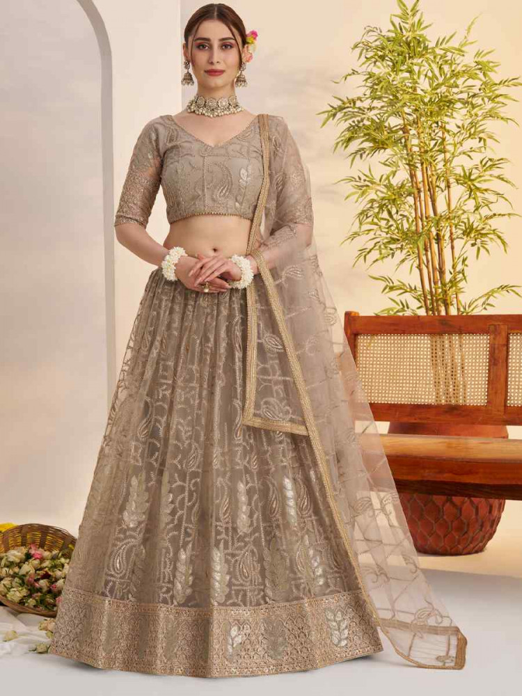 Image of Matelic Gray Net Embroidered Wedding Reception Festival Heavy Border Lehenga Choli