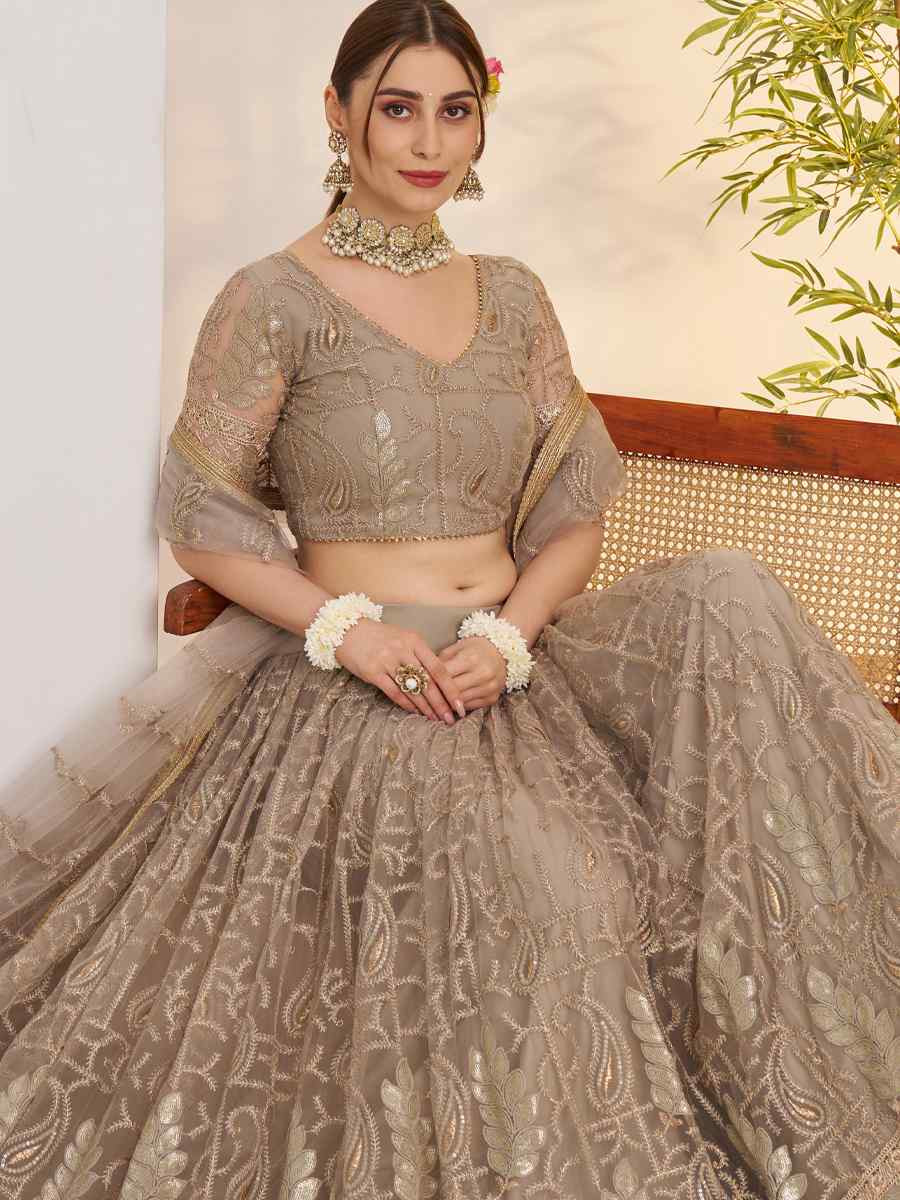 Matelic Gray Net Embroidered Wedding Reception Festival Heavy Border Lehenga Choli
