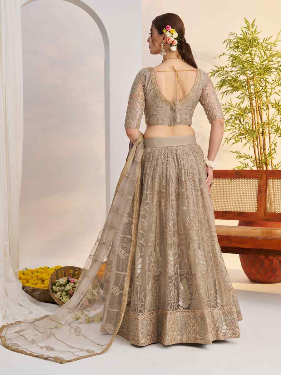 Matelic Gray Net Embroidered Wedding Reception Festival Heavy Border Lehenga Choli