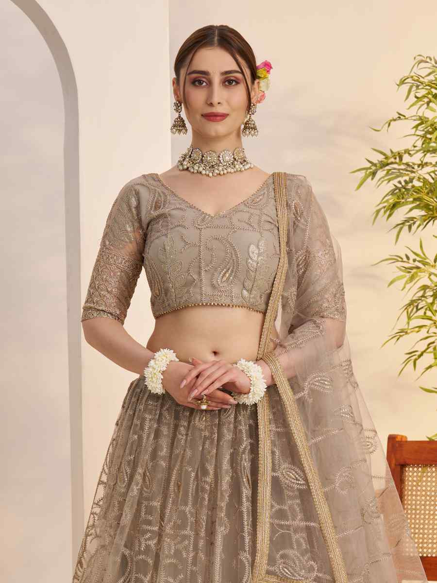 Matelic Gray Net Embroidered Wedding Reception Festival Heavy Border Lehenga Choli