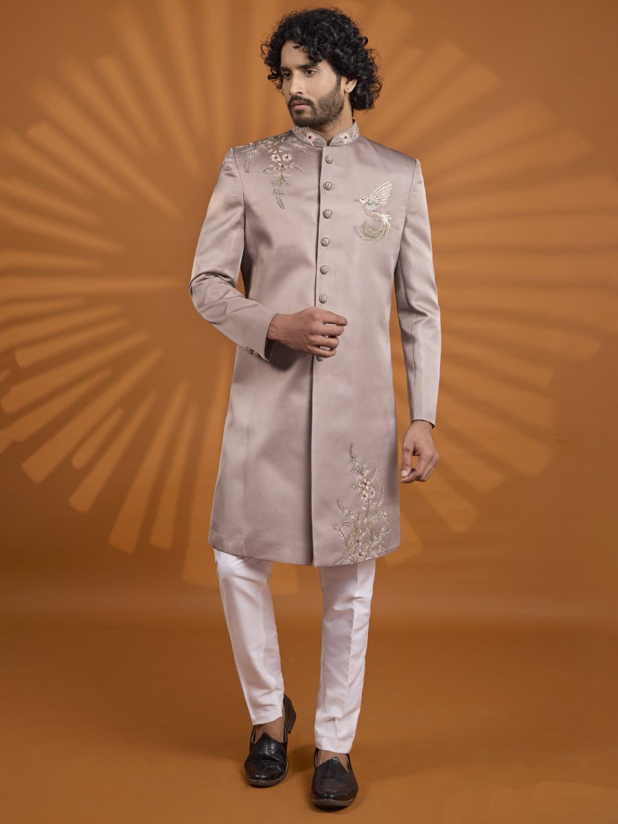 Mauve Art Silk Embroidered Computer Thread work Wedding Party Festival Groom Sherwani