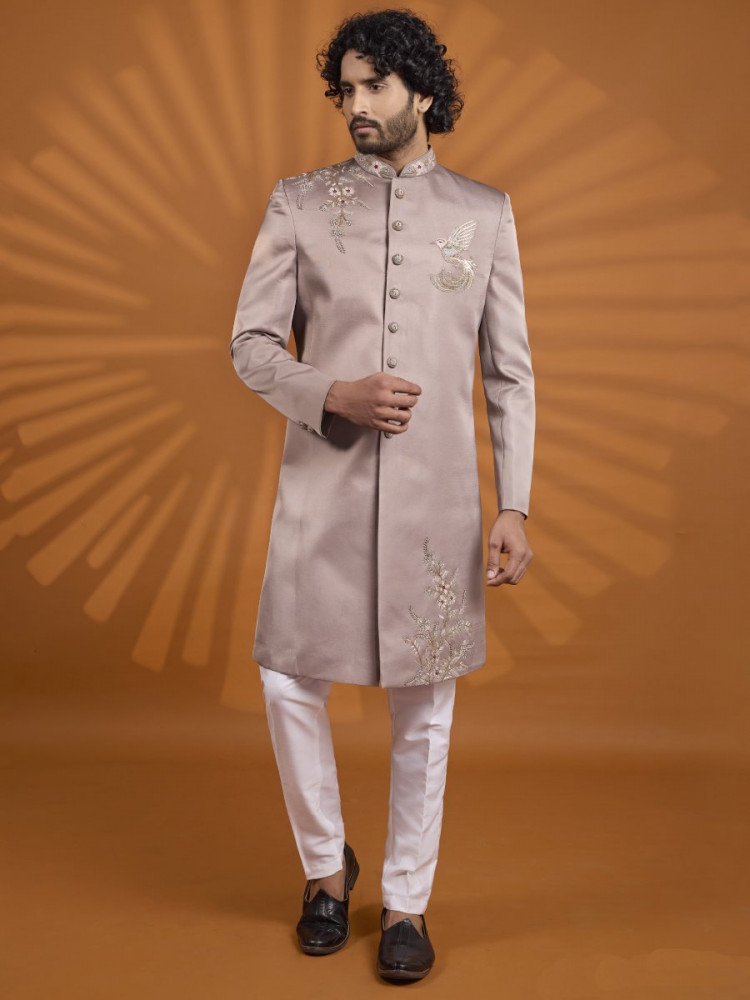 Image of Mauve Art Silk Embroidered Computer Thread work Wedding Party Festival Groom Sherwani