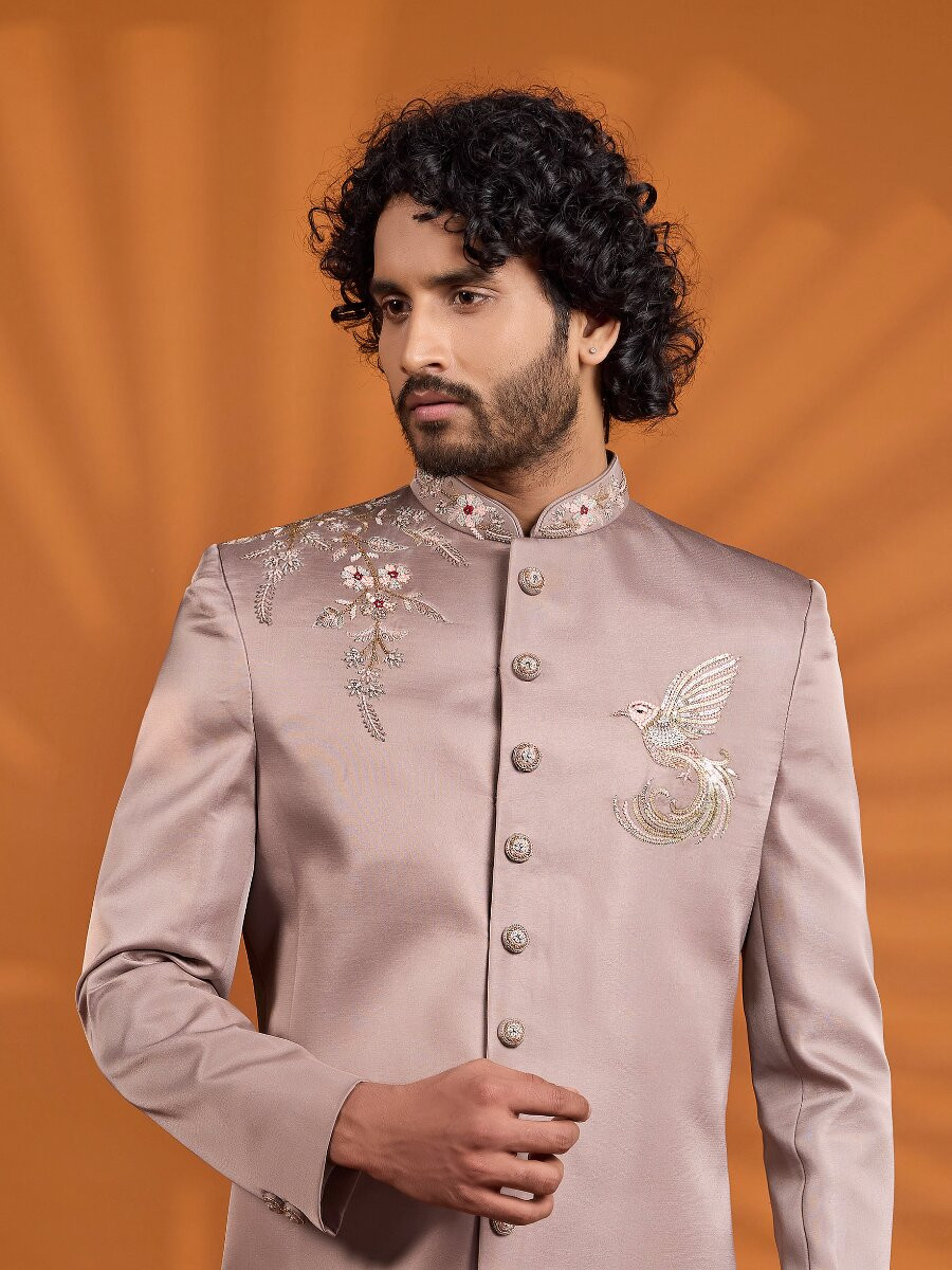 Mauve Art Silk Embroidered Computer Thread work Wedding Party Festival Groom Sherwani