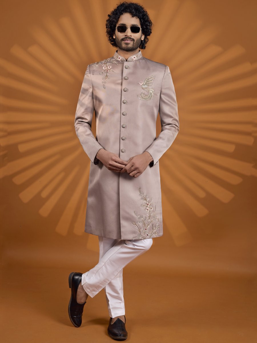 Mauve Art Silk Embroidered Computer Thread work Wedding Party Festival Groom Sherwani