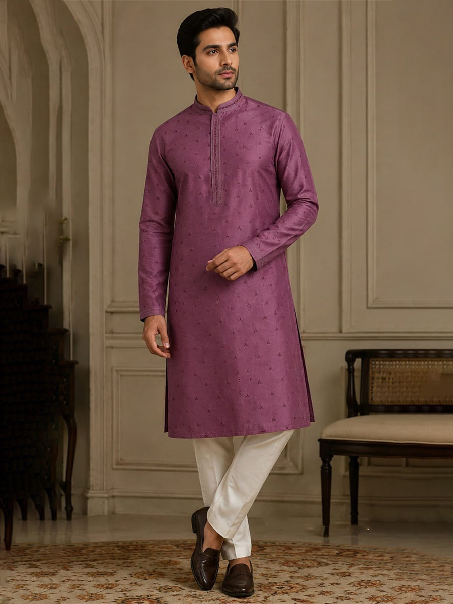 Mauve Art Silk Embroidery Wedding Party Festival Casual Mens Wear Kurta