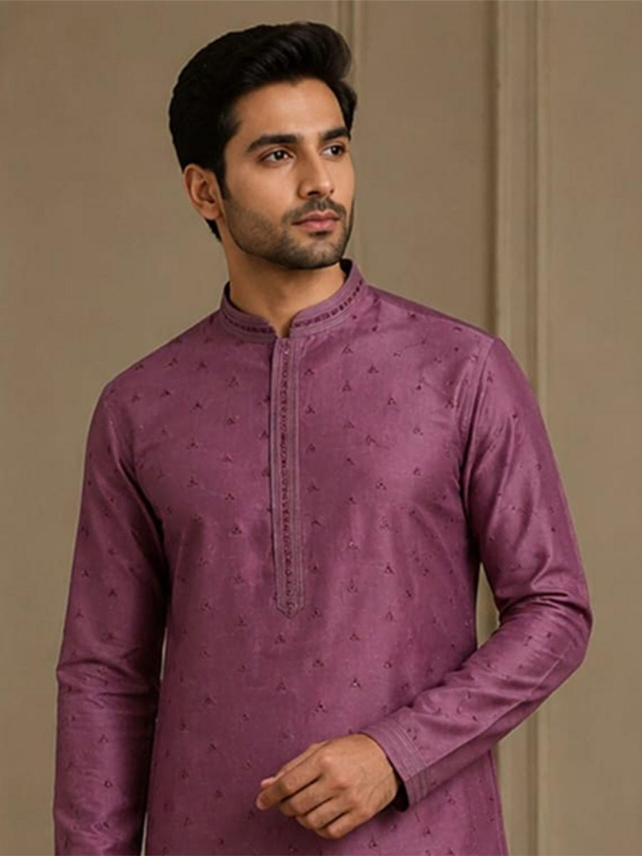 Mauve Art Silk Embroidery Wedding Party Festival Casual Mens Wear Kurta