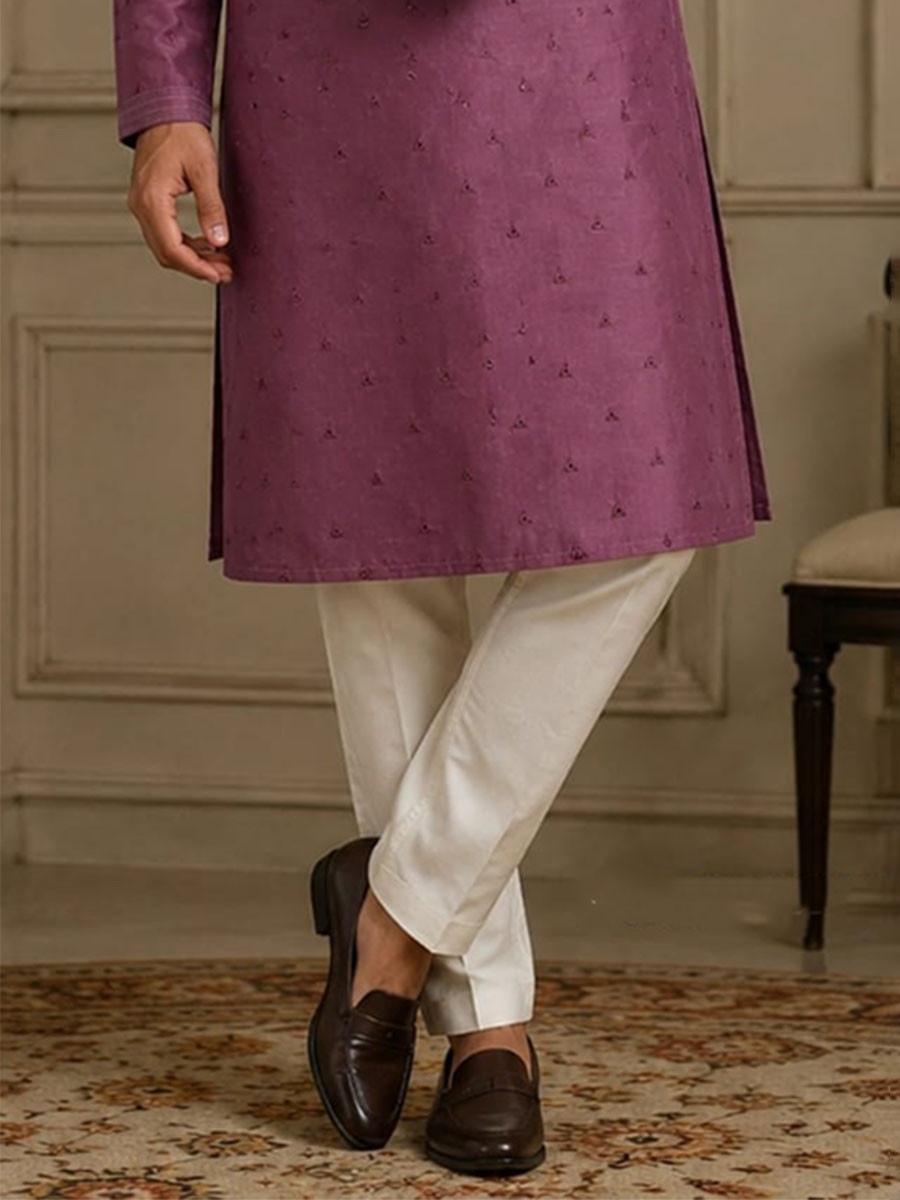 Mauve Art Silk Embroidery Wedding Party Festival Casual Mens Wear Kurta