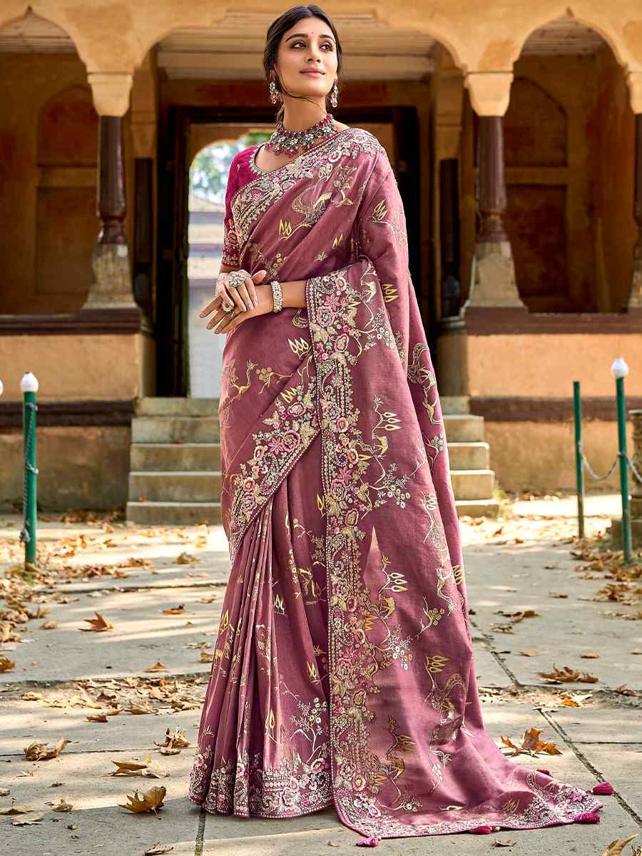 Mauve Banarasi Silk Embroidered Wedding Festival Heavy Border Saree
