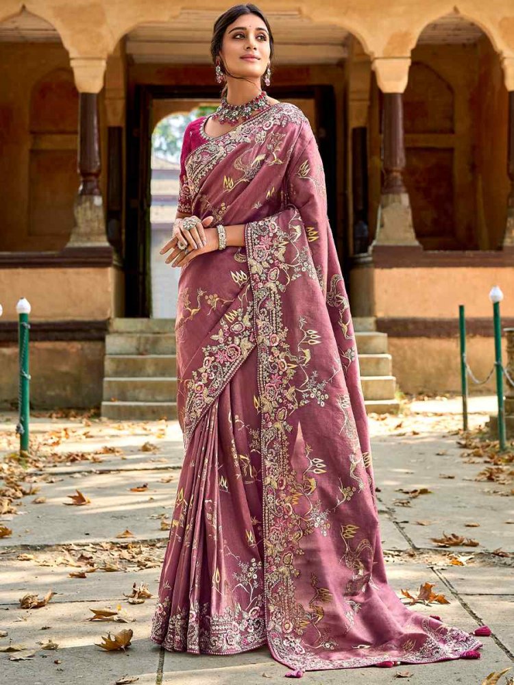 Mauve Banarasi Silk Embroidered Wedding Festival Heavy Border Saree