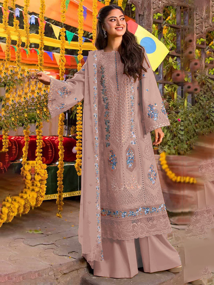 Mauve Chiffon Embroidery Zari Sequins Wedding Party Festival Casual Palazzo Pant Salwar Kameez