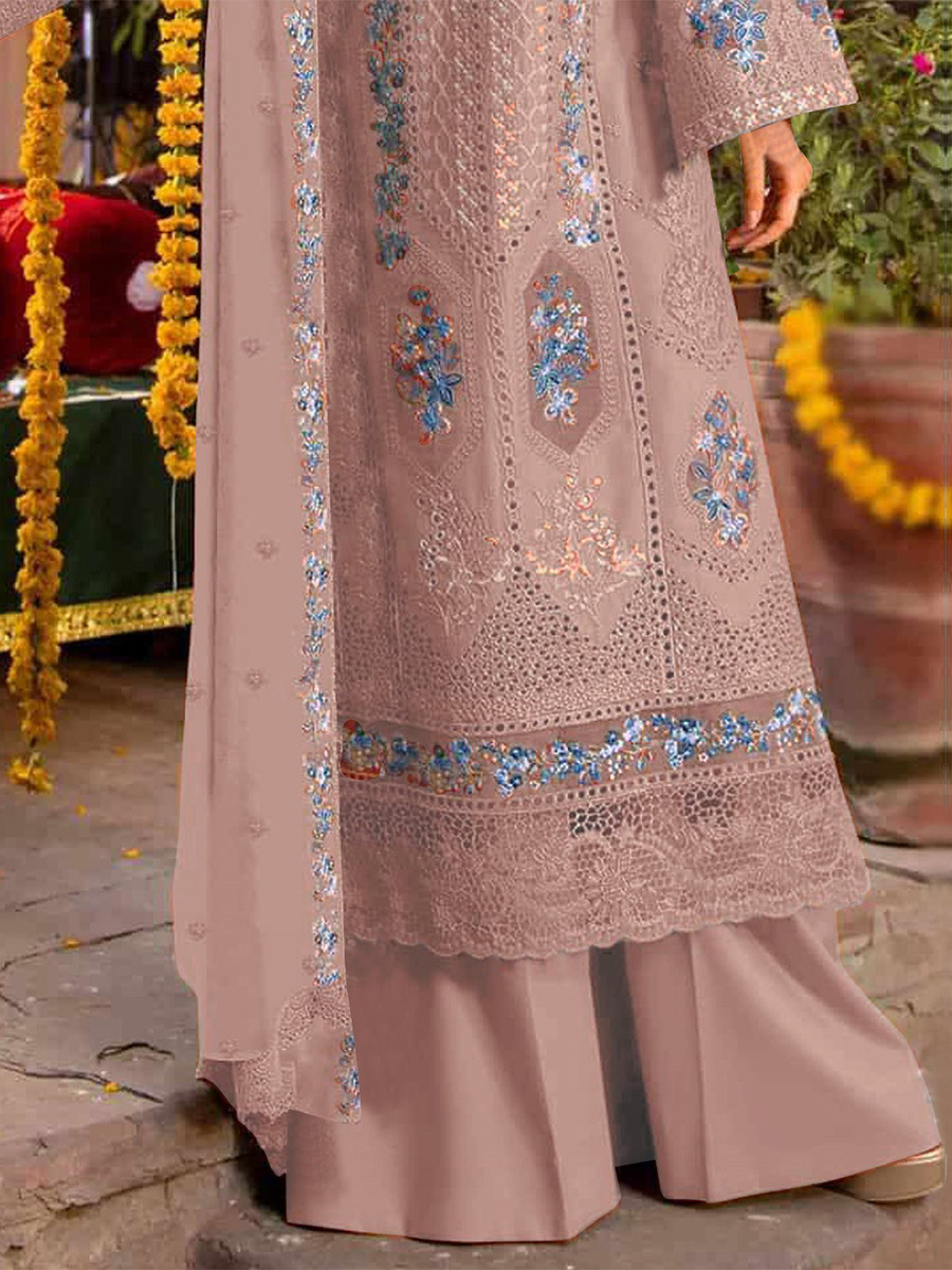 Mauve Chiffon Embroidery Zari Sequins Wedding Party Festival Casual Palazzo Pant Salwar Kameez