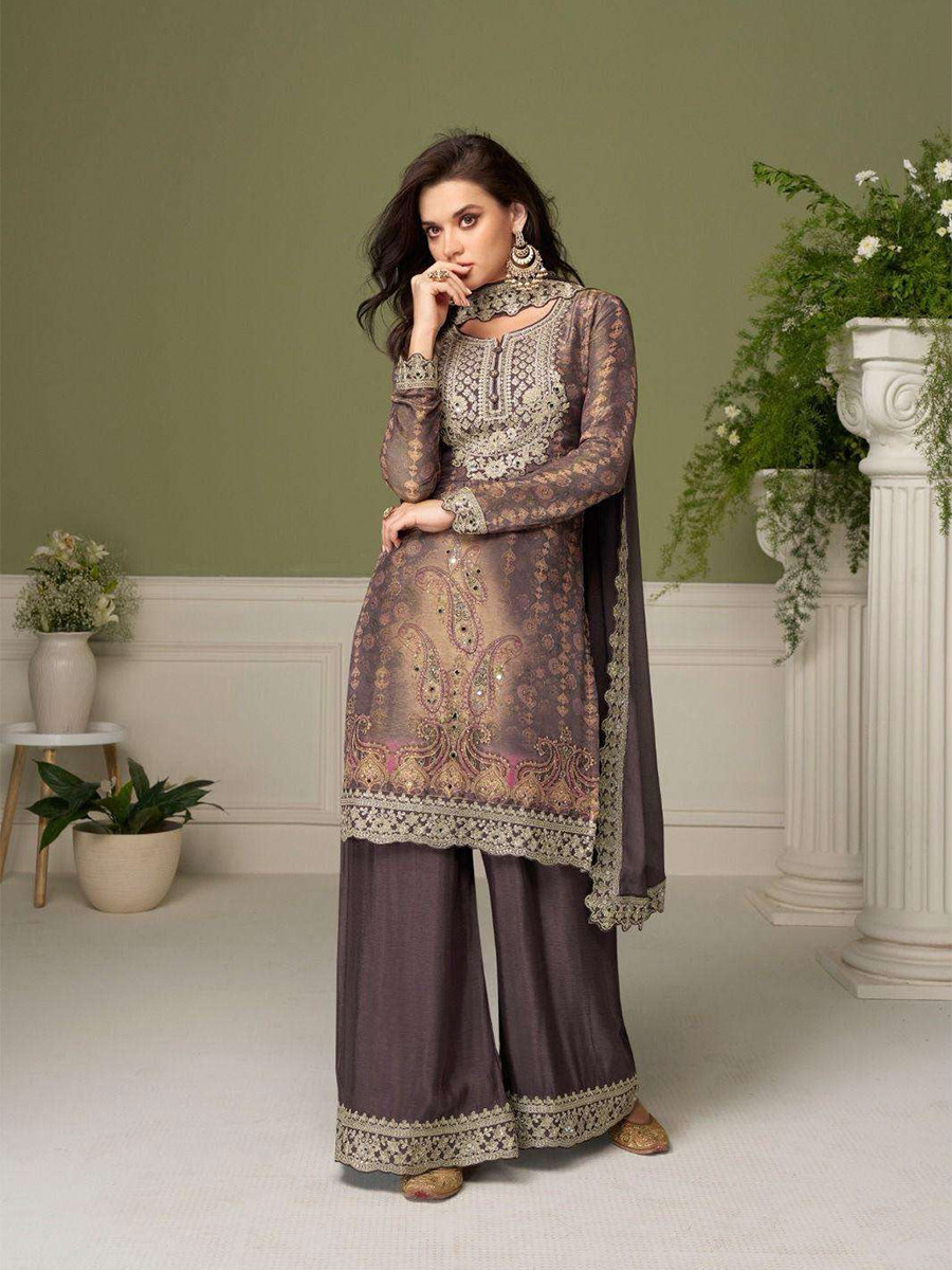 Mauve Chinon Embroidery Sequins Zari Wedding Party Festival Casual Ready Palazzo Pant Salwar Kameez