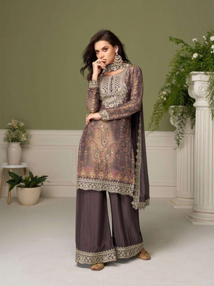 Image of Mauve Chinon Embroidery Sequins Zari Wedding Party Festival Casual Ready Palazzo Pant Salwar Kameez