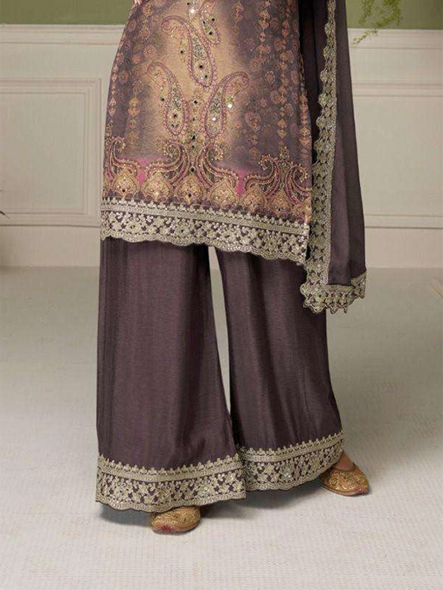 Mauve Chinon Embroidery Sequins Zari Wedding Party Festival Casual Ready Palazzo Pant Salwar Kameez