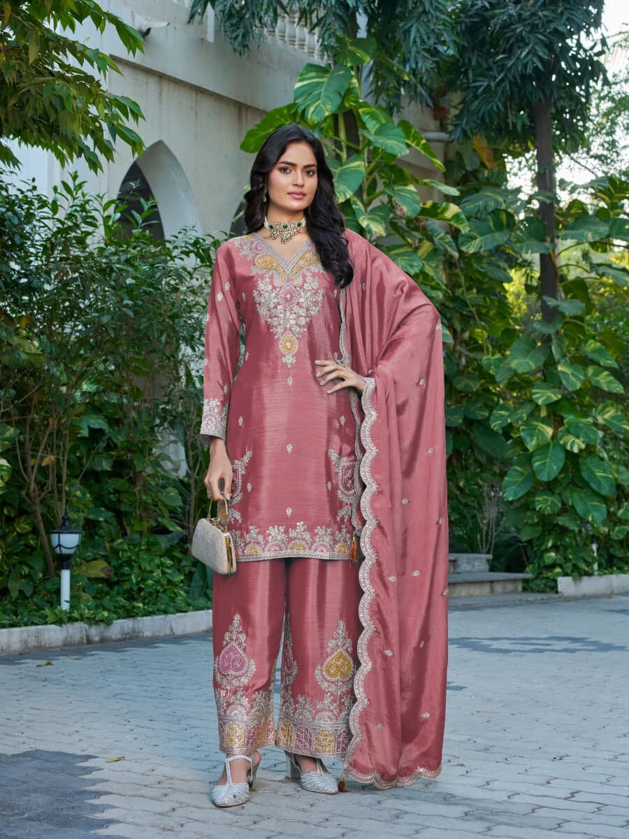 Mauve Chinon Embroidery Zari Sequins Wedding Party Festival Casual Palazzo Pant Salwar Kameez