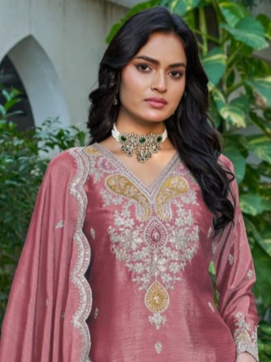 Mauve Chinon Embroidery Zari Sequins Wedding Party Festival Casual Palazzo Pant Salwar Kameez