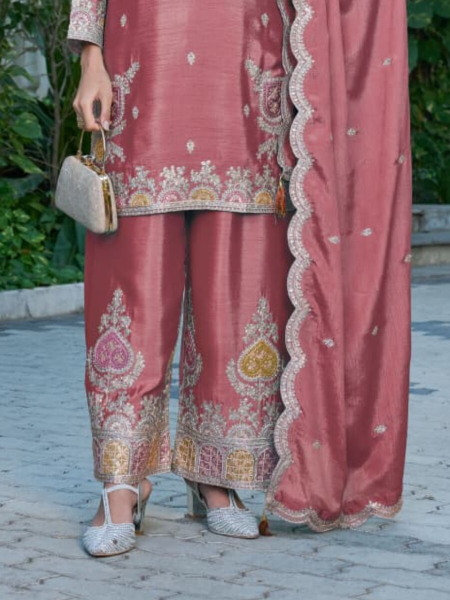 Mauve Chinon Embroidery Zari Sequins Wedding Party Festival Casual Palazzo Pant Salwar Kameez