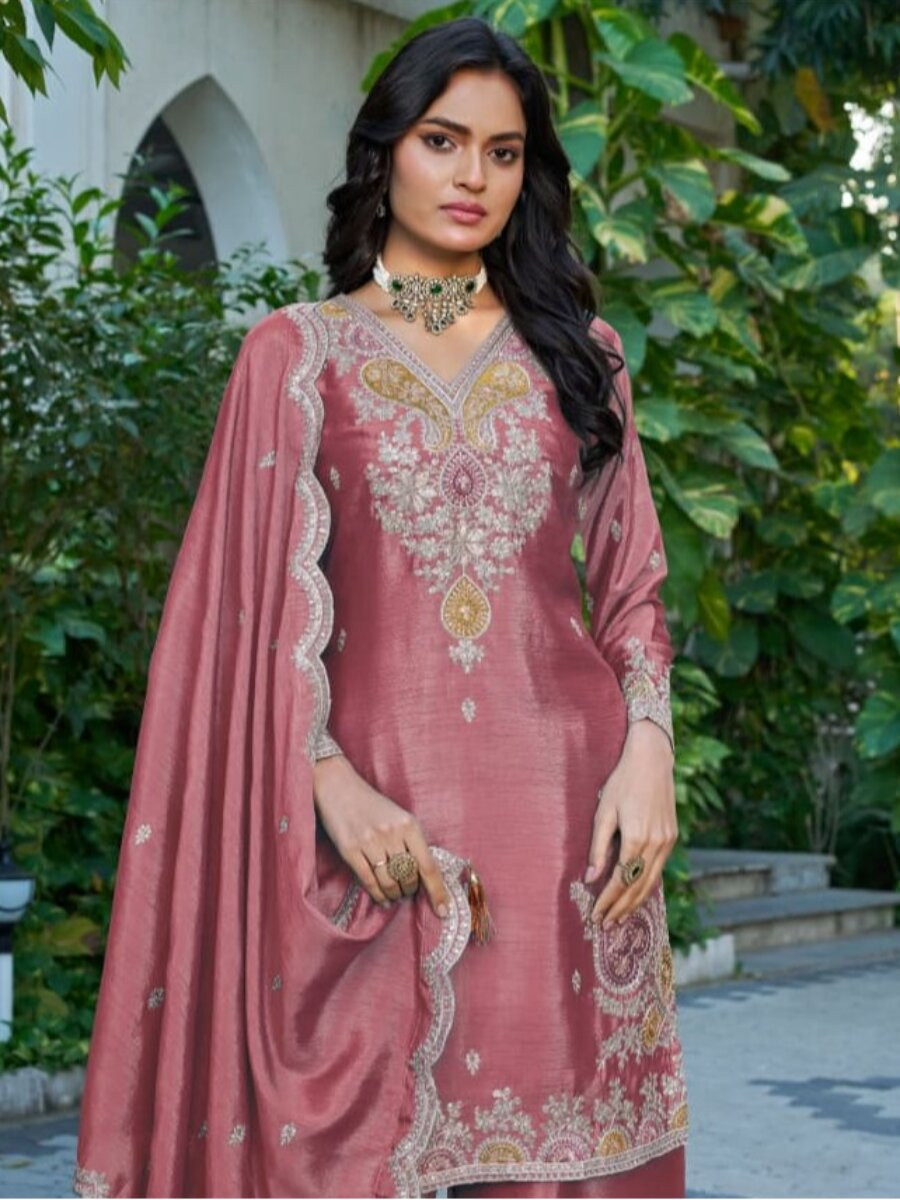 Mauve Chinon Embroidery Zari Sequins Wedding Party Festival Casual Palazzo Pant Salwar Kameez