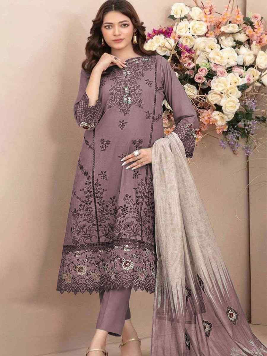 Mauve Cotton Embroidery Party Wedding Festival Casual Pant Salwar Kameez