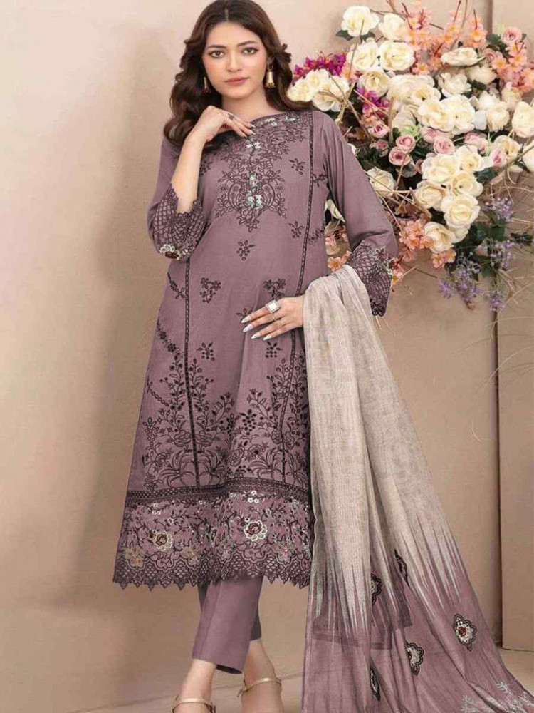 Image of Mauve Cotton Embroidery Party Wedding Festival Casual Pant Salwar Kameez