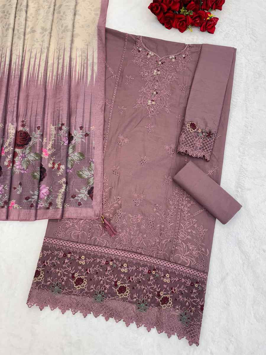 Mauve Cotton Embroidery Party Wedding Festival Casual Pant Salwar Kameez