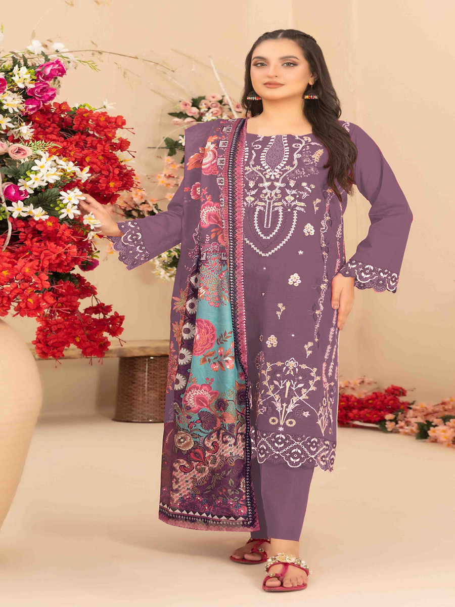 Mauve Cotton Embroidery Sequins Zari Wedding Party Festival Casual Pant Salwar Kameez