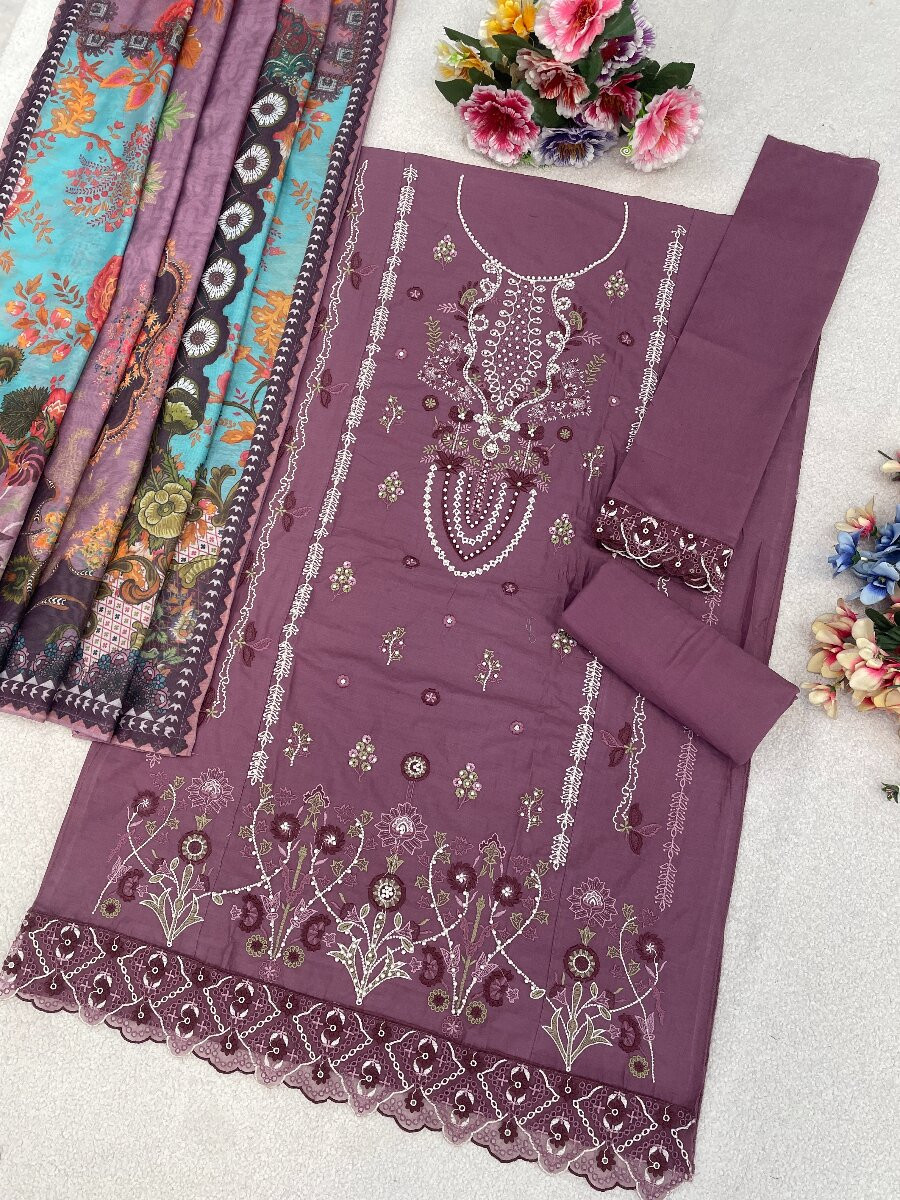 Mauve Cotton Embroidery Sequins Zari Wedding Party Festival Casual Pant Salwar Kameez