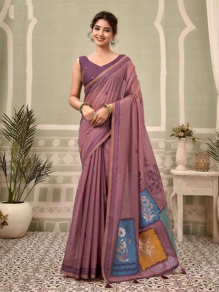 Image of Mauve Cotton Hand Block Printed Wedding Reception Party Festival Casual Heavy Border Sarees