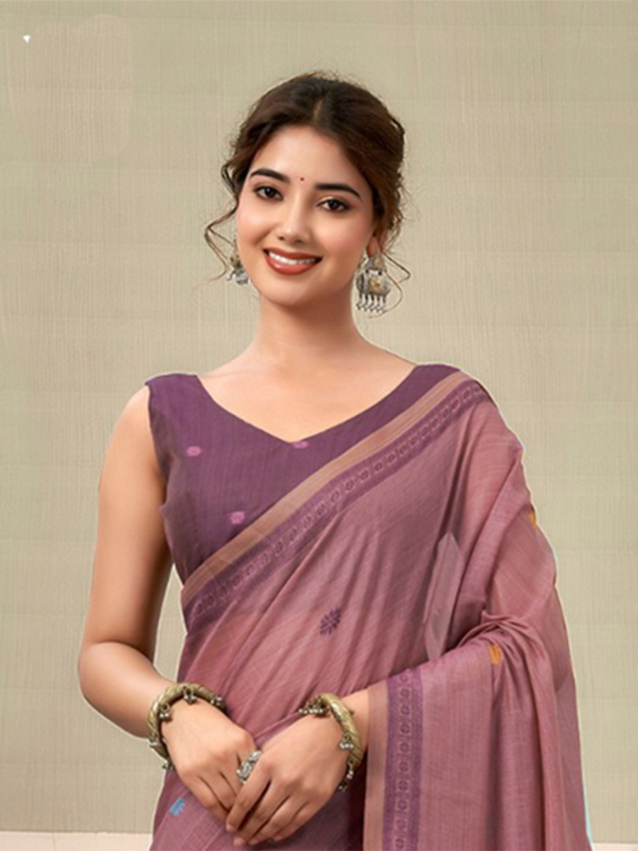 Mauve Cotton Hand Block Printed Wedding Reception Party Festival Casual Heavy Border Sarees