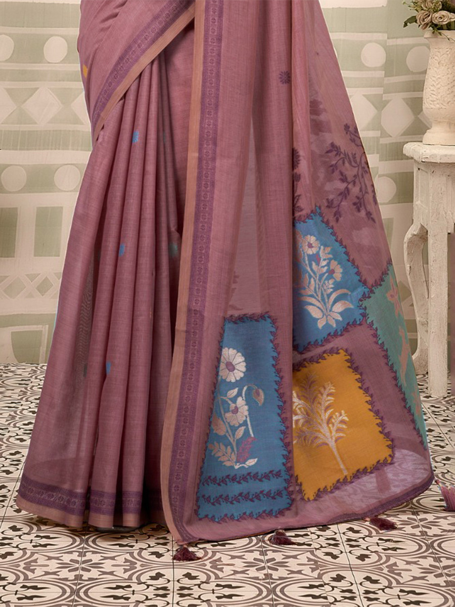 Mauve Cotton Hand Block Printed Wedding Reception Party Festival Casual Heavy Border Sarees