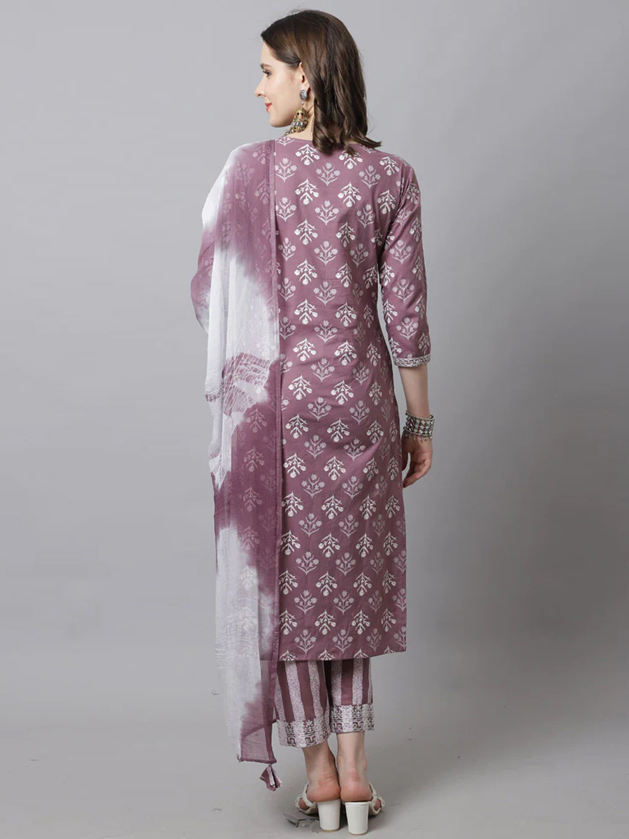 Mauve Cotton Printed Casual Festival Ready Pant Salwar Kameez