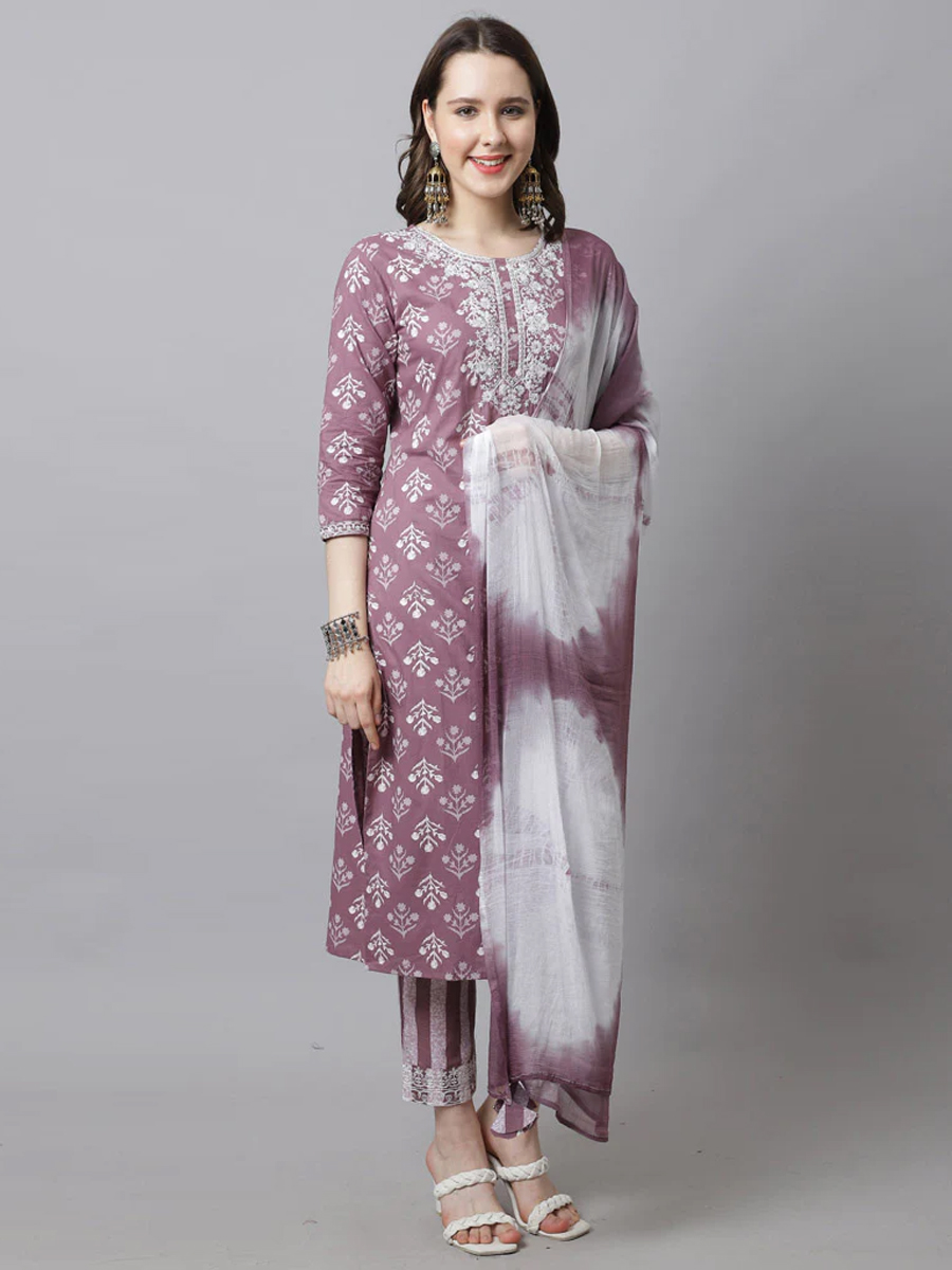 Mauve Cotton Printed Casual Festival Ready Pant Salwar Kameez