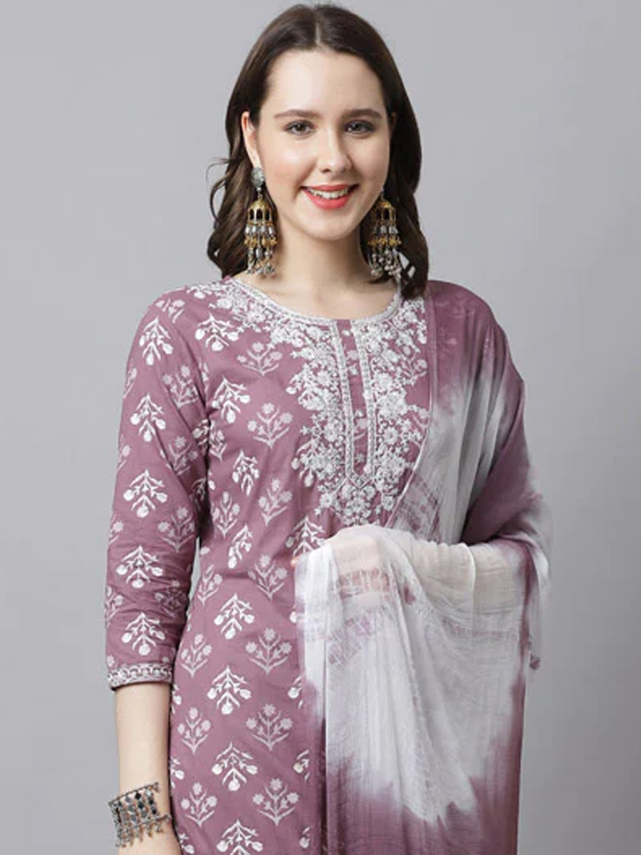 Mauve Cotton Printed Casual Festival Ready Pant Salwar Kameez