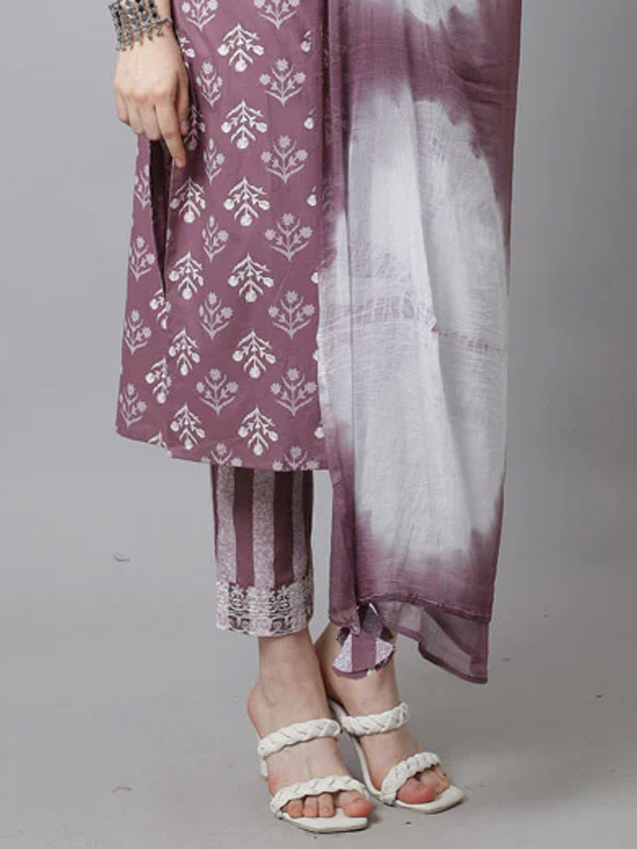 Mauve Cotton Printed Casual Festival Ready Pant Salwar Kameez