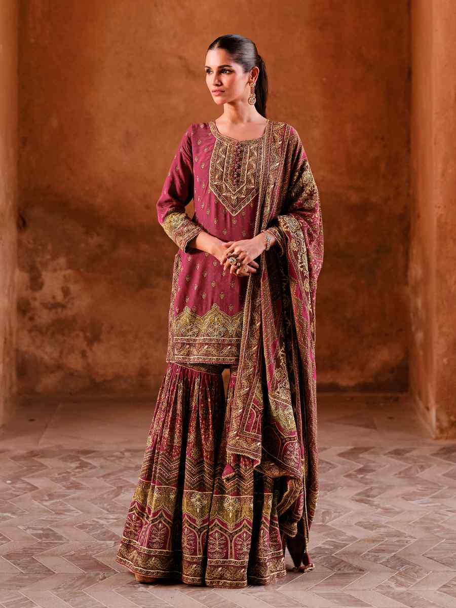 Mauve Crepe Embroidered Party Wedding Ready Sharara Pant Salwar Kameez