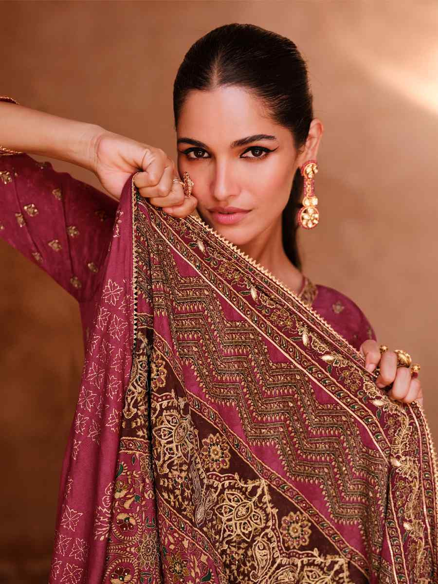 Mauve Crepe Embroidered Party Wedding Ready Sharara Pant Salwar Kameez