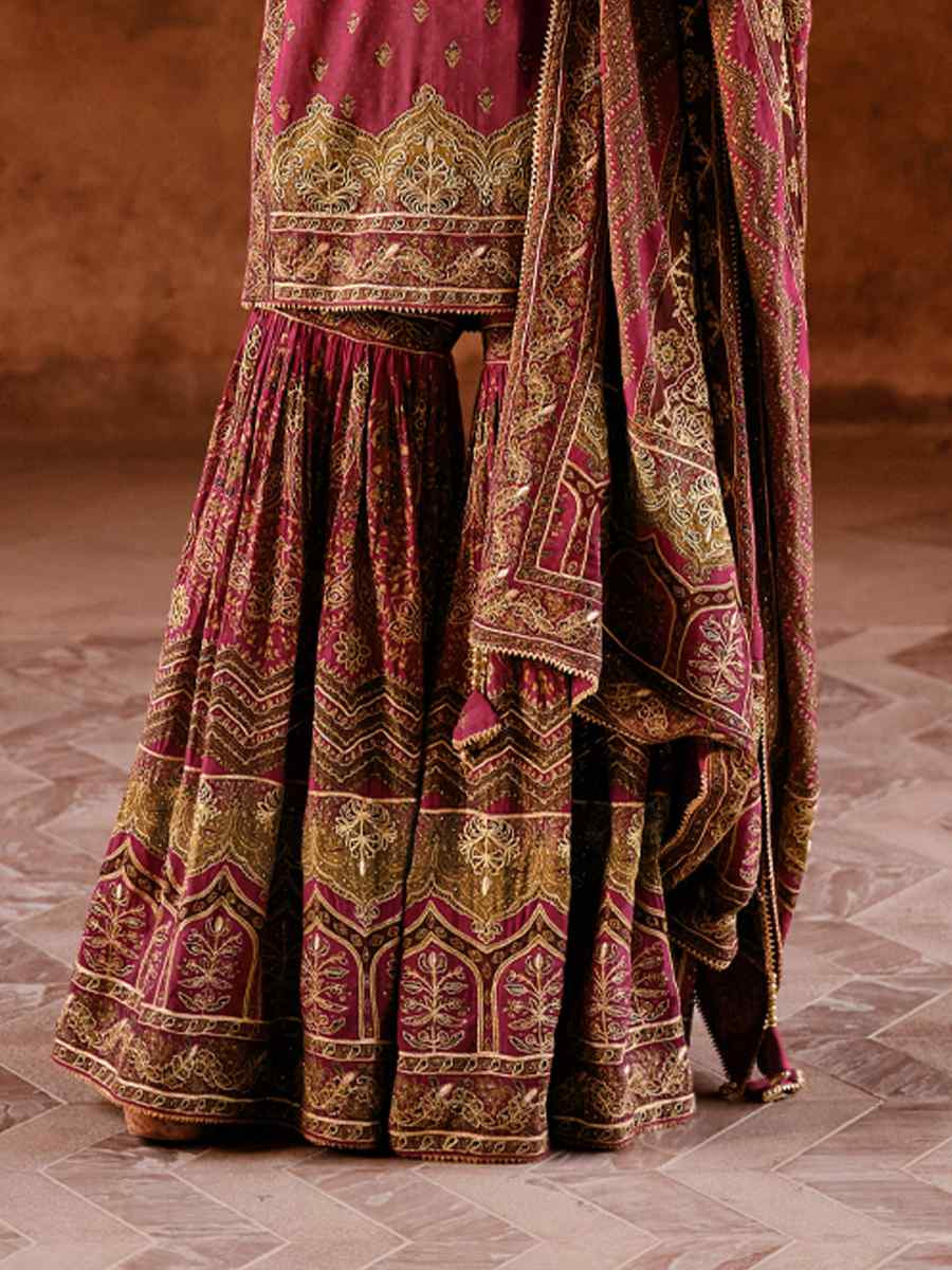 Mauve Crepe Embroidered Party Wedding Ready Sharara Pant Salwar Kameez