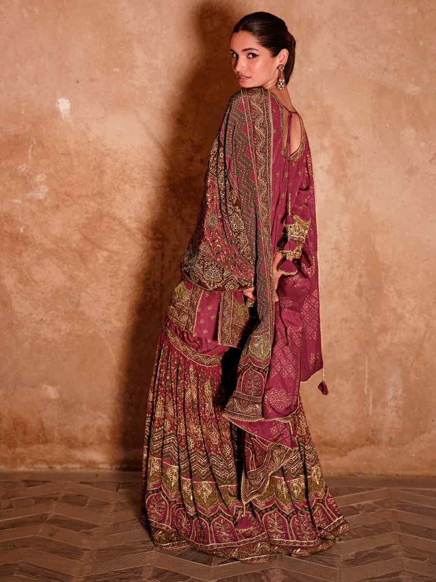 Mauve Crepe Embroidered Party Wedding Ready Sharara Pant Salwar Kameez