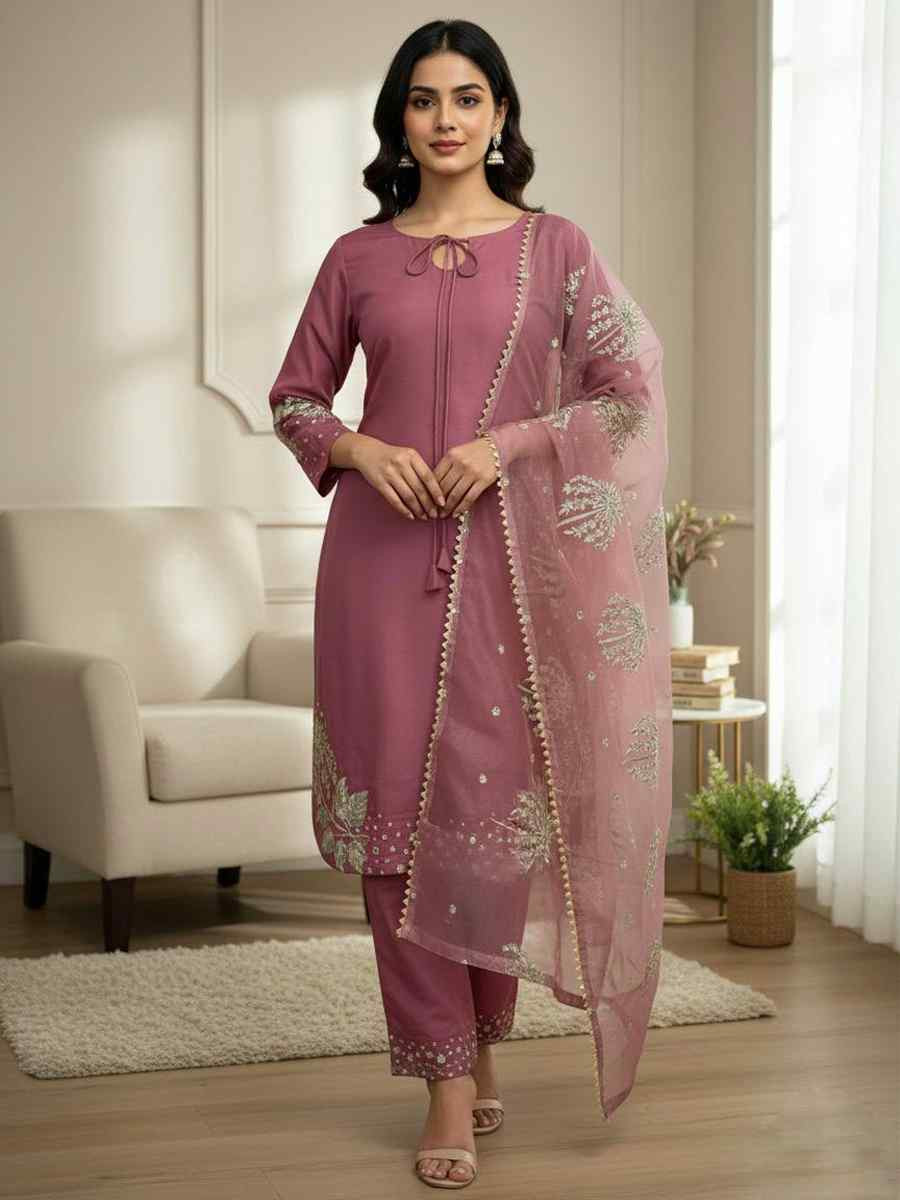 Mauve Crunchy Silk Plain with Embroidery Party Wedding Festival Casual Ready Pant Salwar Kameez