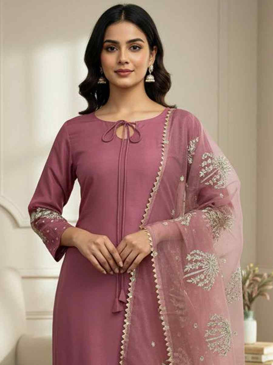 Mauve Crunchy Silk Plain with Embroidery Party Wedding Festival Casual Ready Pant Salwar Kameez