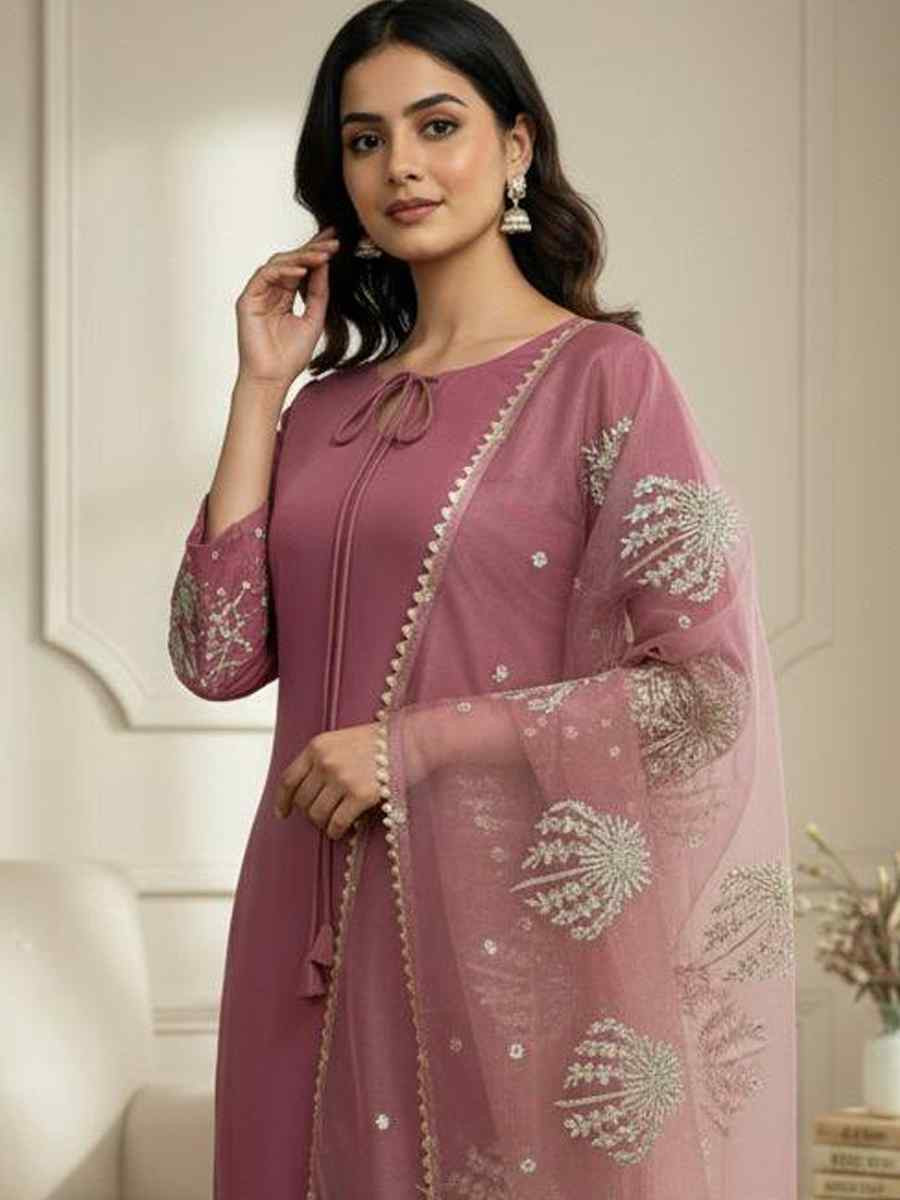 Mauve Crunchy Silk Plain with Embroidery Party Wedding Festival Casual Ready Pant Salwar Kameez