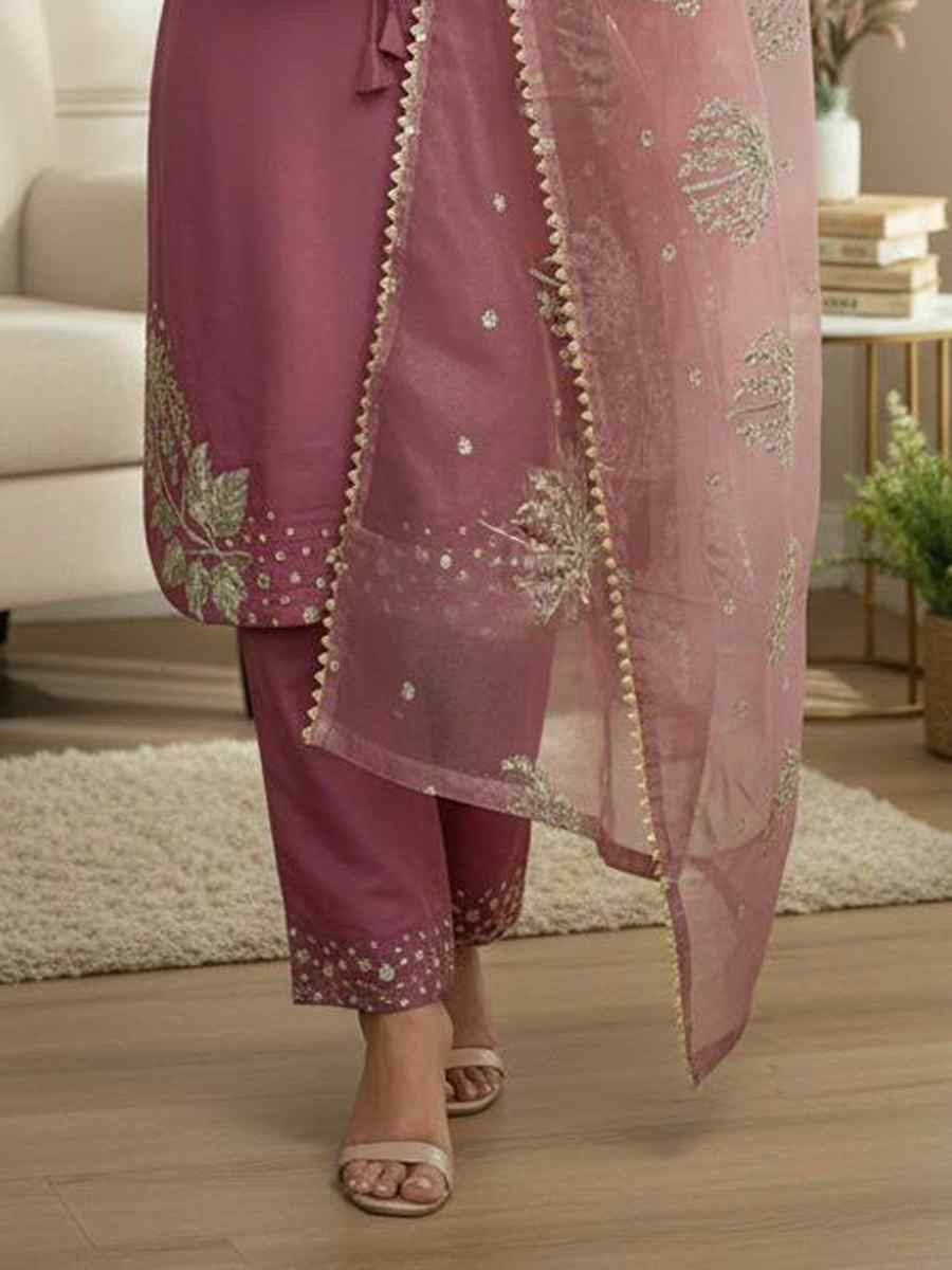Mauve Crunchy Silk Plain with Embroidery Party Wedding Festival Casual Ready Pant Salwar Kameez