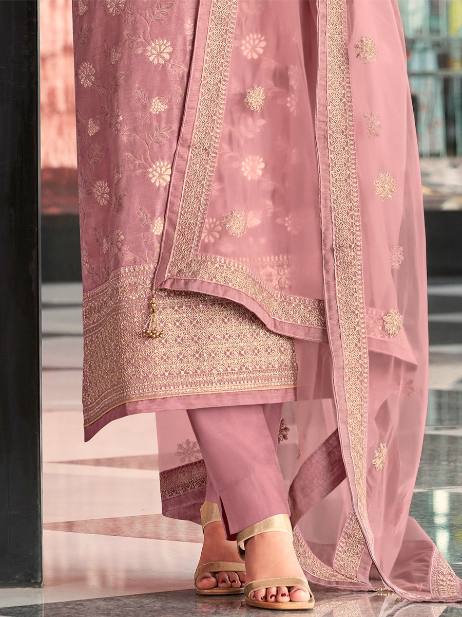 Mauve Dola Jacquard Embroidered Festival Party Pant Bollywood Style Salwar Kameez