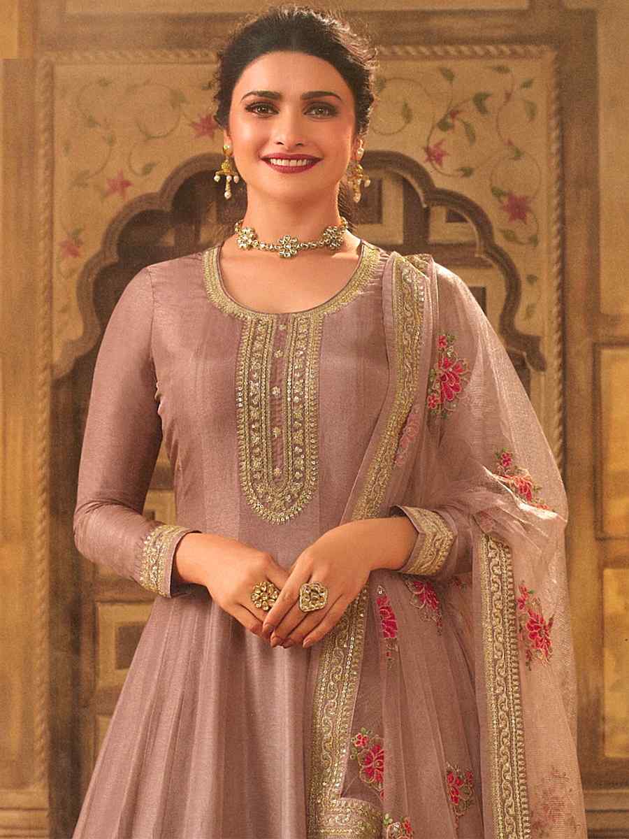 Mauve Dola Silk Embroidered Festival Wedding Anarkali Bollywood Style Salwar Kameez