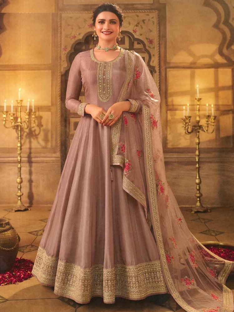 Mauve Dola Silk Embroidered Festival Wedding Anarkali Bollywood Style Salwar Kameez