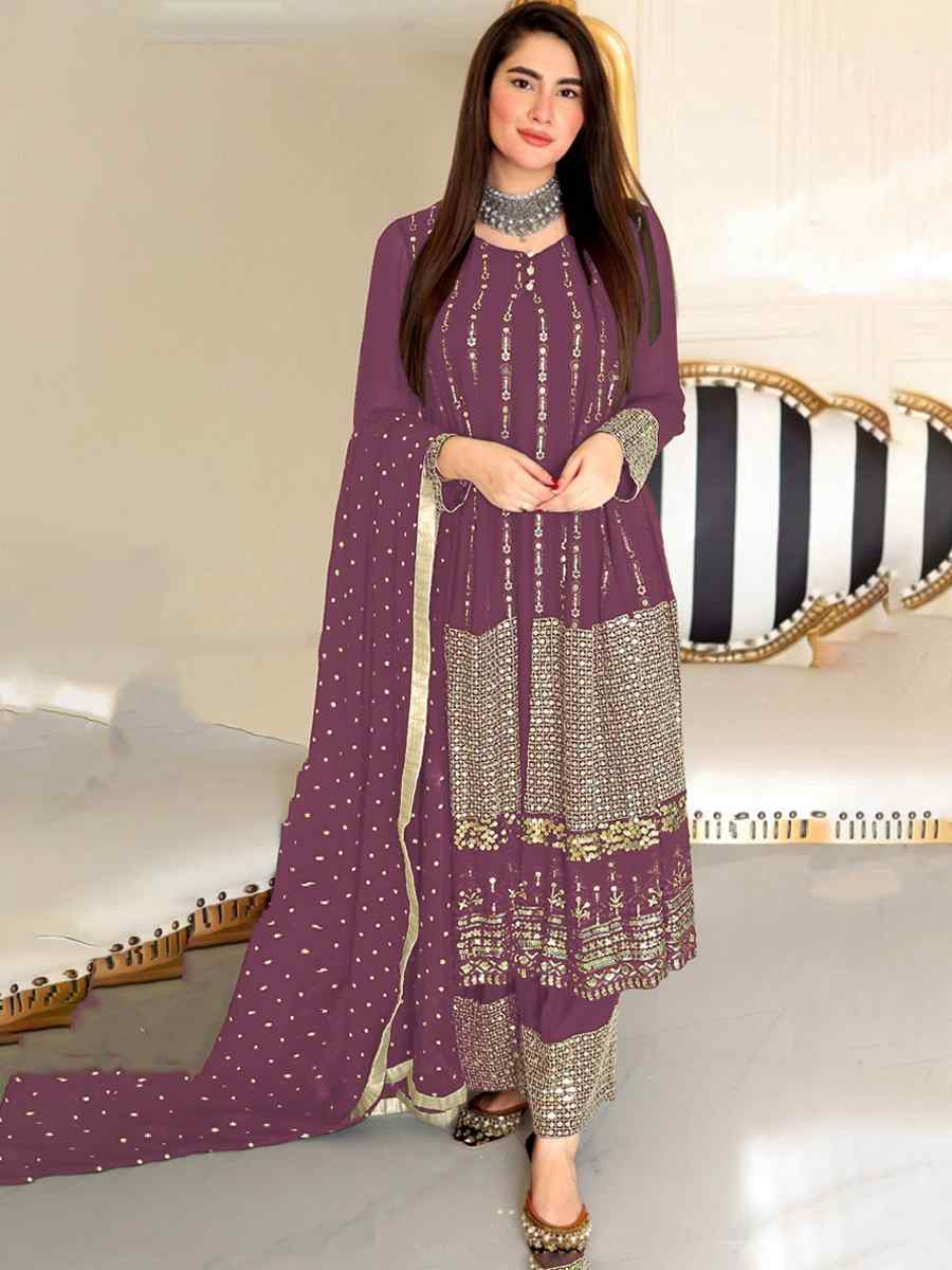 Mauve Faux Georgette Embroidered Festival Wedding Palazzo Pant Salwar Kameez