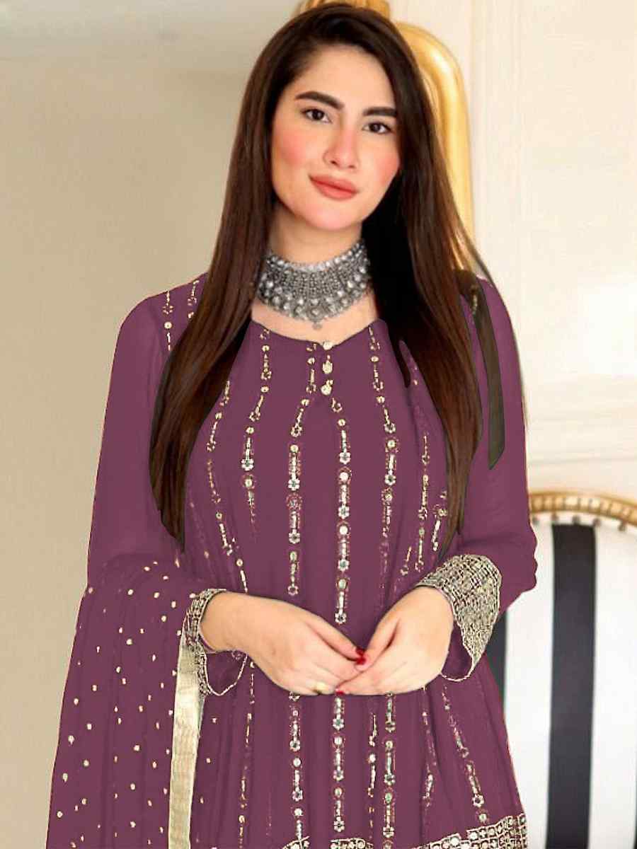 Mauve Faux Georgette Embroidered Festival Wedding Palazzo Pant Salwar Kameez