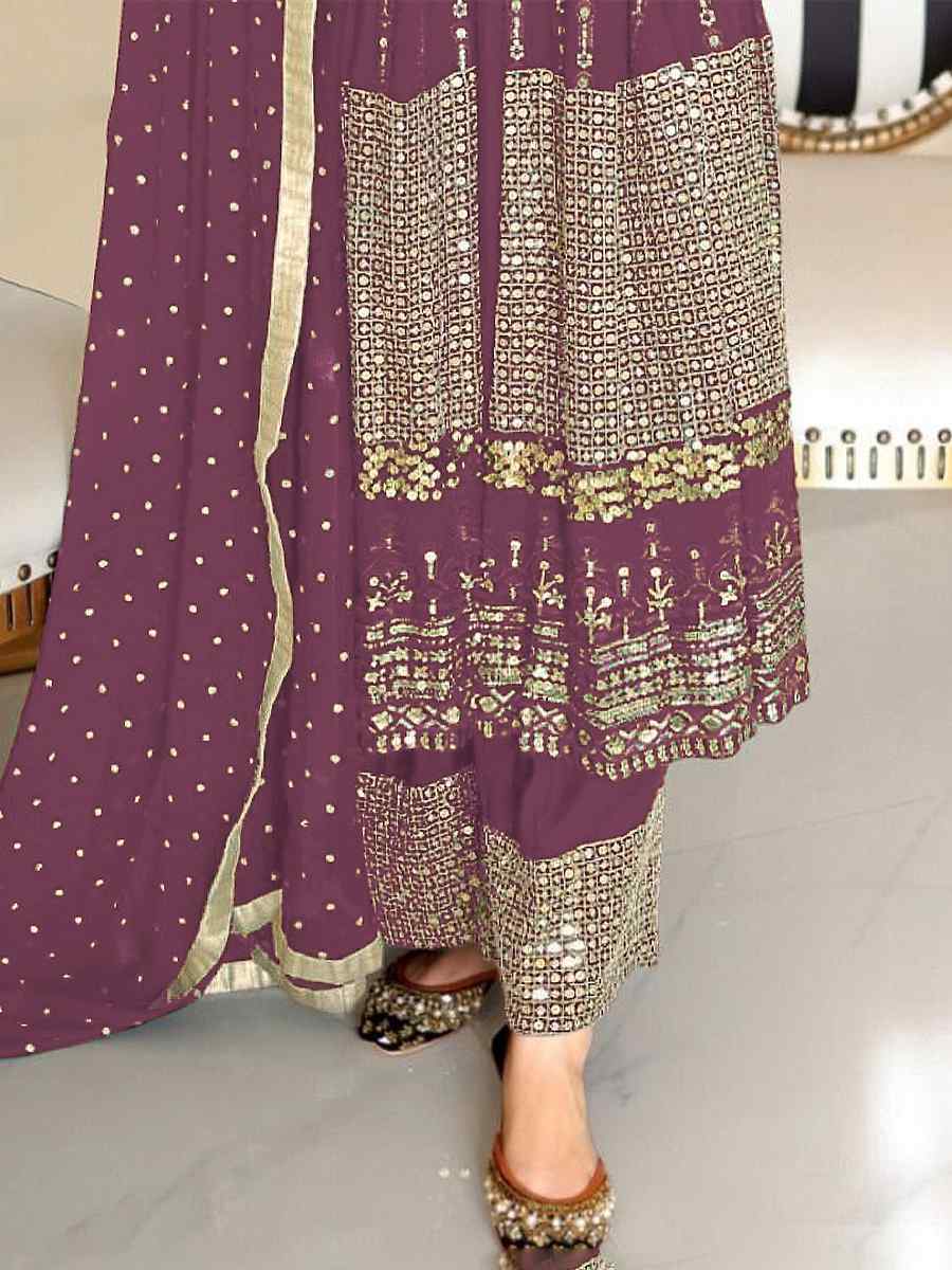Mauve Faux Georgette Embroidered Festival Wedding Palazzo Pant Salwar Kameez